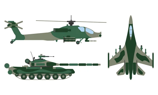 戦闘機、戦車、ヘリコプターの漫画。軍事機器のアイコンを設定します。ベクトル図 — ストックベクタ