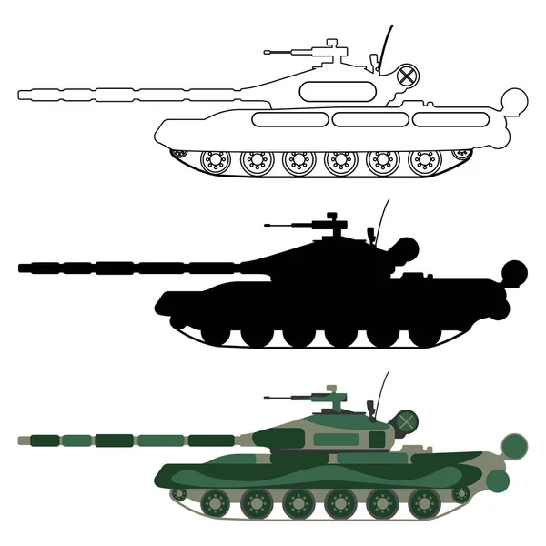 戦車のシルエット、漫画、概要。軍事機器のアイコンを設定します。ベクトル図 — ストックベクタ