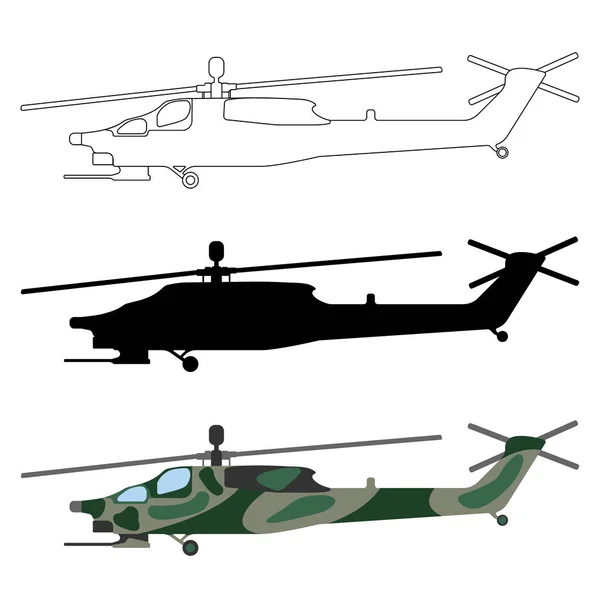 ヘリコプターのシルエット, 漫画, アウトライン。軍事機器のアイコンを設定します。ベクトル図 — ストックベクタ