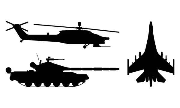 戦闘機、戦車、ヘリコプターのシルエット。軍事機器のアイコンを設定します。ベクトル図 — ストックベクタ