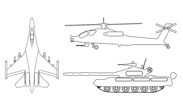 戦闘機、戦車、ヘリコプターの概要。軍事機器のアイコンを設定します。ベクトル図 — ストックベクタ
