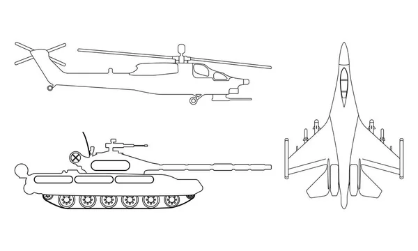 Avcı uçağı, tank, helikopter anahat. Askeri teçhizat Icon set. Vektör çizim