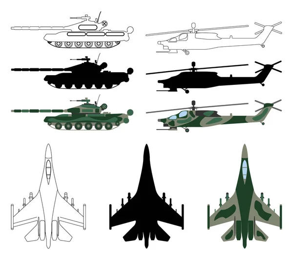 戦闘機、戦車、ヘリコプターのシルエット、漫画、アウトライン スタイル。軍事機器のアイコンを設定します。ベクトル図 — ストックベクタ