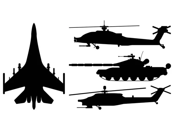 Fighter aircraft, tank, helicopter silhouette. Military equipment set icon. Vector illustration — Stock Vector