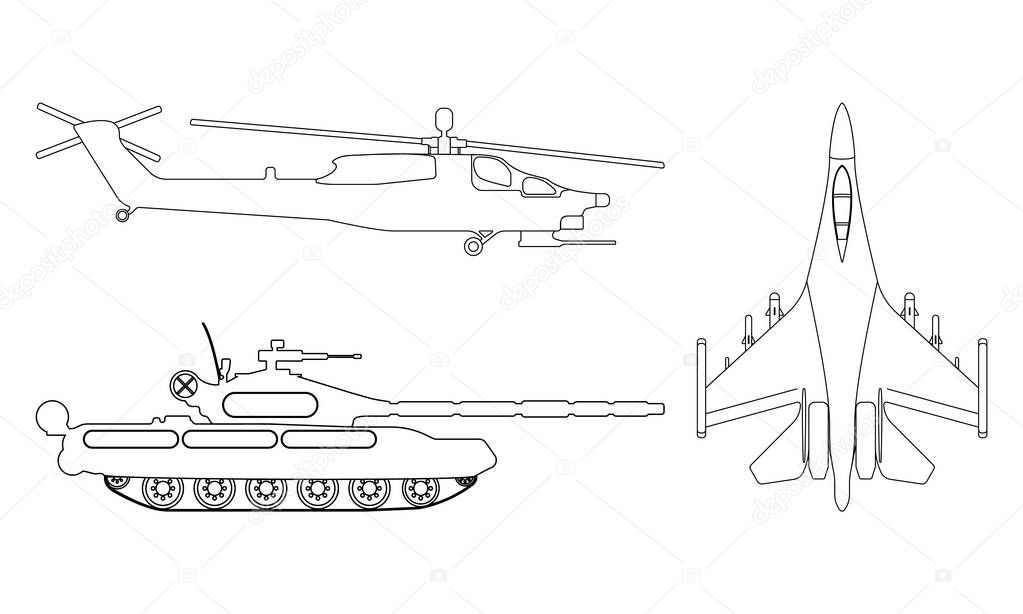 Fighter aircraft, tank, helicopter outline. Military equipment set icon. Vector illustration