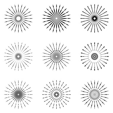 Retro güneş patlaması şekilleri ayarla. Vintage logo, etiketleri, rozetleri.
