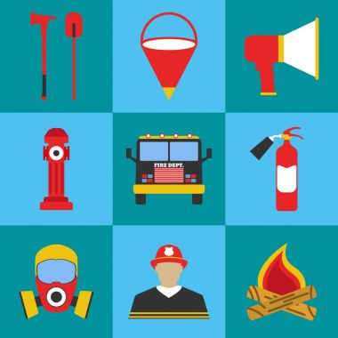 İtfaiyeci Icon set. Yangın departament ekipman simgeler unsurları.