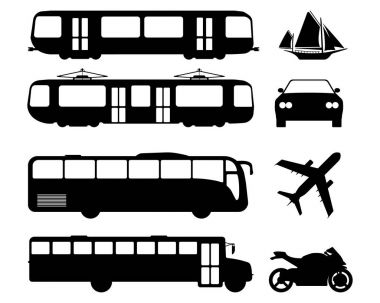 Düz kentsel ulaşım simge kümesi. Siluet vektör çizim