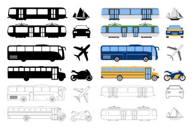 Düz kentsel ulaşım simge kümesi. Çizgi film, anahat, siluet vektör çizim