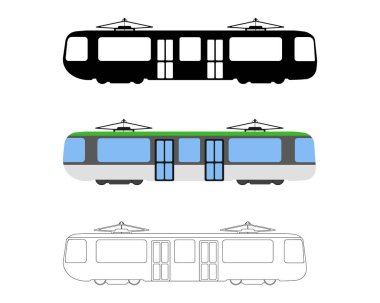 Düz tramvay simge kümesi. Çizgi film, anahat, siluet vektör çizim