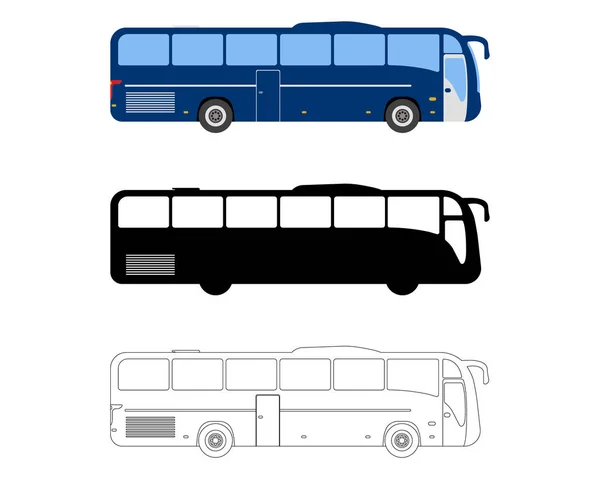 Conjunto de ícone de autocarro plano. Desenhos animados, Esboço, Silhueta Vector ilustração —  Vetores de Stock