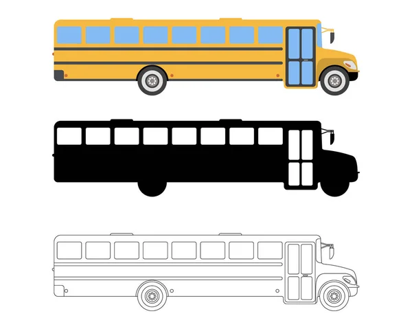 Conjunto de Flat School Bus ícone. Desenhos animados, Esboço, Silhueta Vector ilustração —  Vetores de Stock