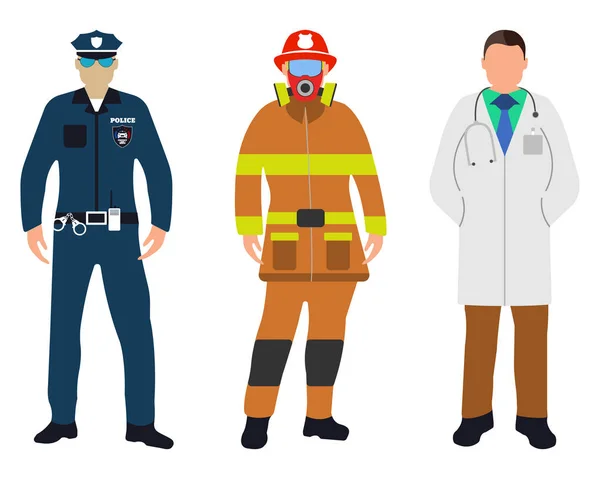 Conjunto de policías, doctores, bomberos iconos planos. Servicio 911. Dibujos animados Vector ilustración . — Archivo Imágenes Vectoriales