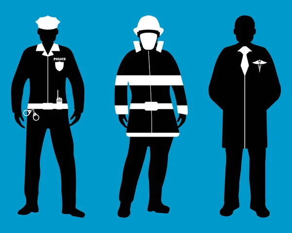 Conjunto de policías, doctores, bomberos iconos planos. Servicio 911. Silueta Vector ilustración — Vector de stock
