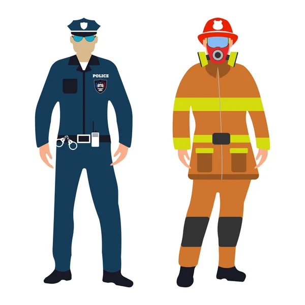 Policeman and Fireman flat icon. Service 911. Cartoon Vector illustration — Stock Vector