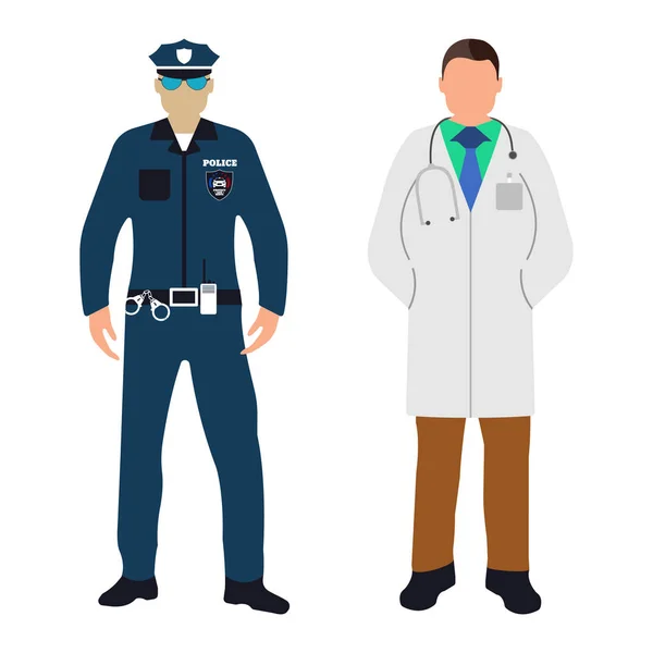 Icono plano de Policía y Doctor. Servicio 911. Dibujos animados Vector ilustración — Vector de stock