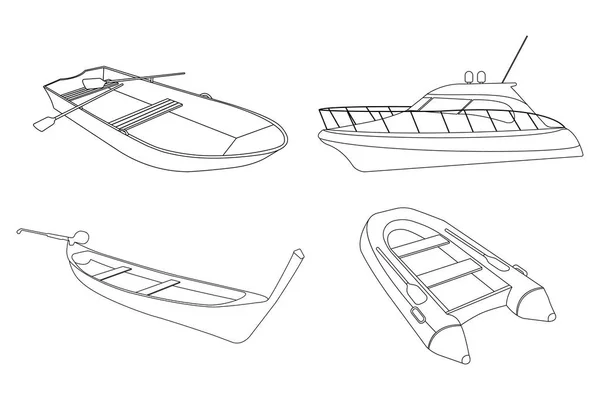 Set boot: speedboot, Pirogue, vlot en boot pictogram. Overzicht vectorillustratie — Stockvector