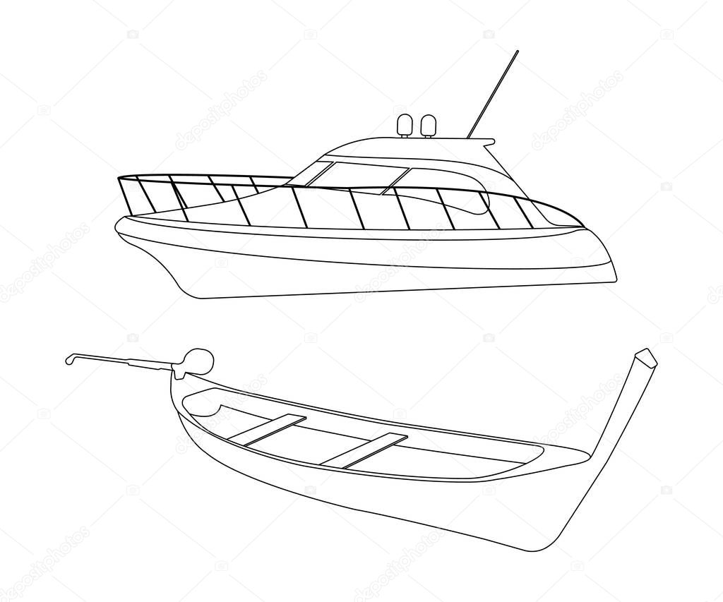 Speedboat and Pirogue flat icon. Outline Vector Illustration