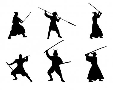 Ayarla, Samurai Warriors siluet beyaz arka plan üzerinde.