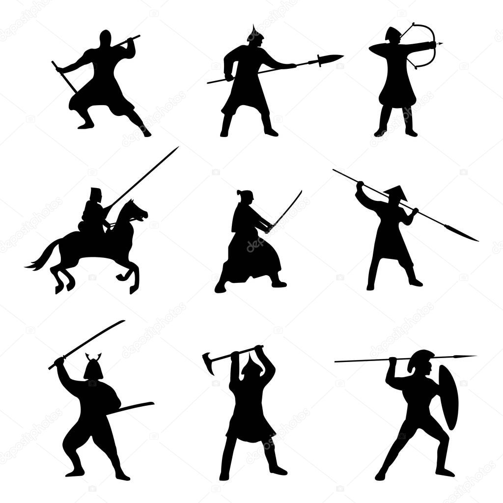 The Big Set of Warriors Silhouette on white background.