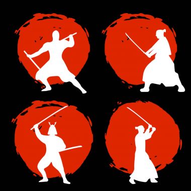 Set Samurai Warriors silueti kırmızı ay ve siyah arka plan.