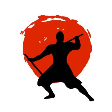 Ninja Warrior siluet kırmızı ay ve beyaz arka plan üzerinde.