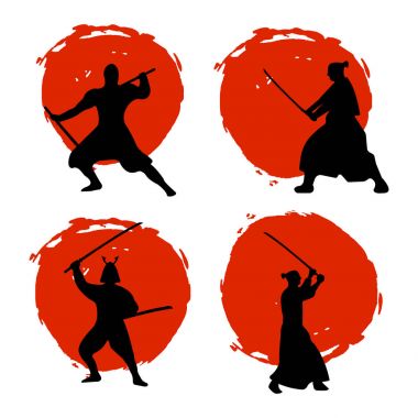 Samurai Warriors siluet takım kırmızı ay ve beyaz arka plan üzerinde.