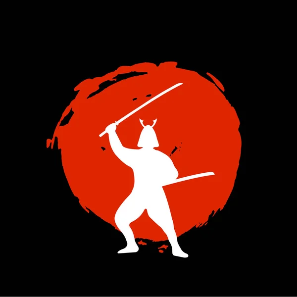赤い月と黒の背景の侍戦士シルエット. — ストックベクタ