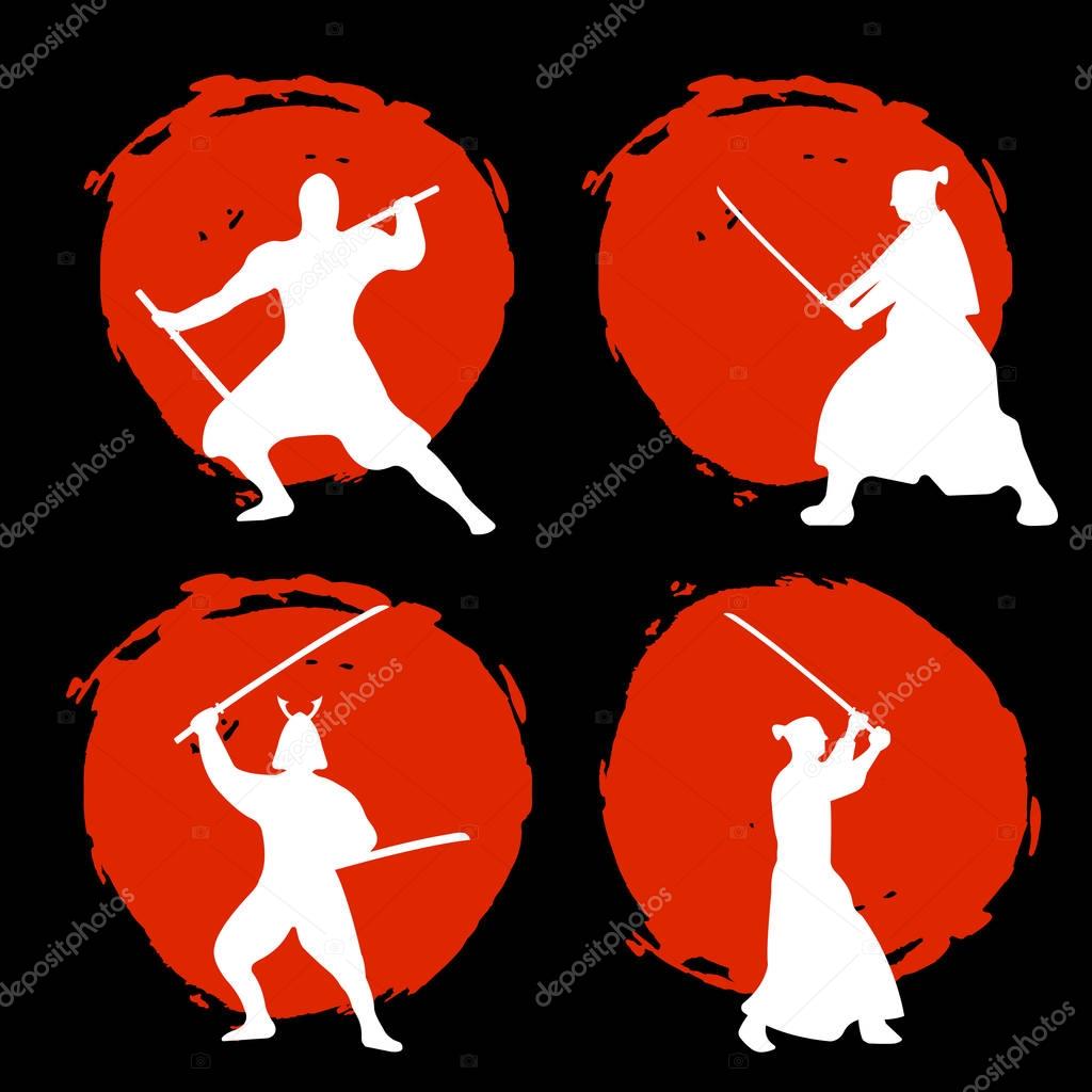 Set of Samurai Warriors Silhouette on red moon and black background.