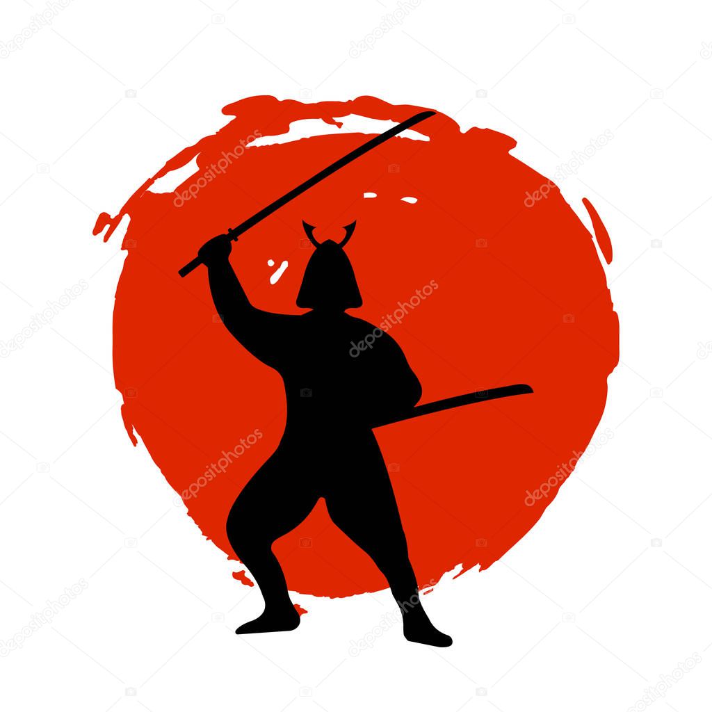 Samurai Warrior Silhouette on red moon and white background.