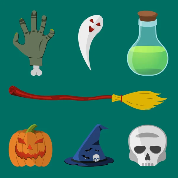 Conjunto de ícones de Halloween dos desenhos animados. Abóbora, Mão de Deadman, Crânio, Frasco, Chapéu de Bruxa, Vassoura, Fantasmas —  Vetores de Stock