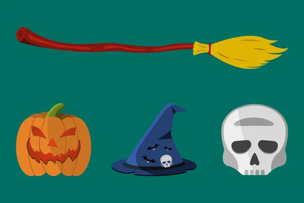 Rajzfilm Halloween ikon készlet. Tök, koponya, lombik, a The Witch's Hat, seprű — Stock Vector