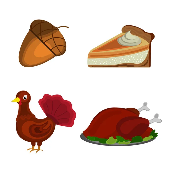 Készlet-ból hálaadás napja: Acorn, Törökország, sütőtök pite ikonra. Cartoo — Stock Vector