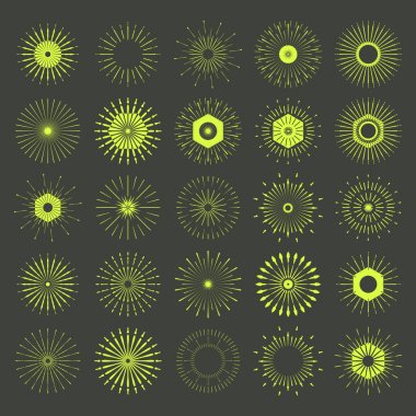 Büyük Retro güneş patlaması şekilleri ayarla. Vintage logo, etiketleri, rozetleri. Vektör tasarım elemanları izole. Çok az altın havai fişek patlama