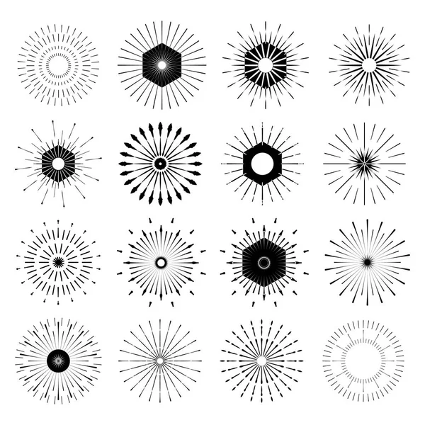 Büyük Retro güneş patlaması şekilleri ayarla. Vintage logo, etiketleri, rozetleri. Vektör tasarım elemanları izole. En az siyah havai fişek patlama