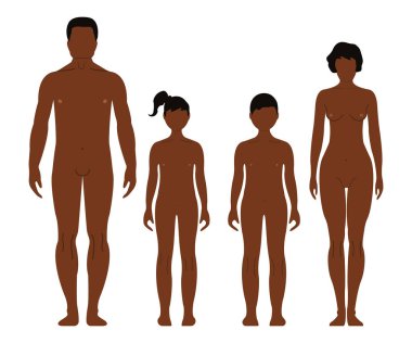 Afrika adam, kadın, erkek ve kız. İnsan ön yüzü siluet. Beyaz arka plan üzerinde izole. Vektör çizim