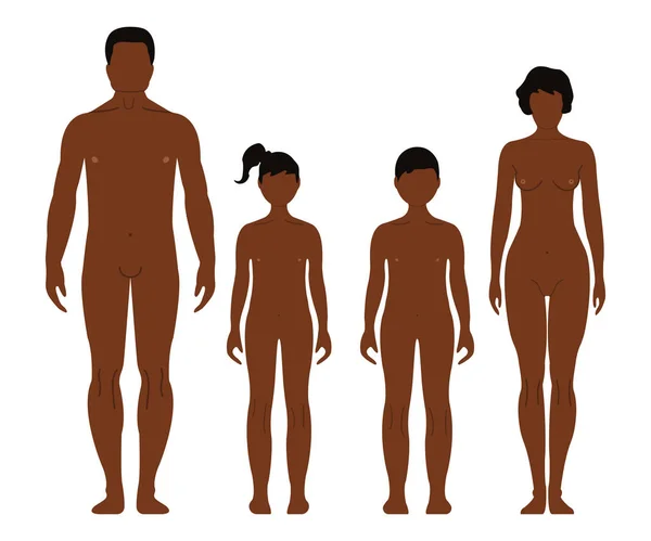 Homem africano, mulher, rapaz e rapariga. Lado dianteiro humano Silhueta. Isolado no fundo branco. Ilustração vetorial — Vetor de Stock