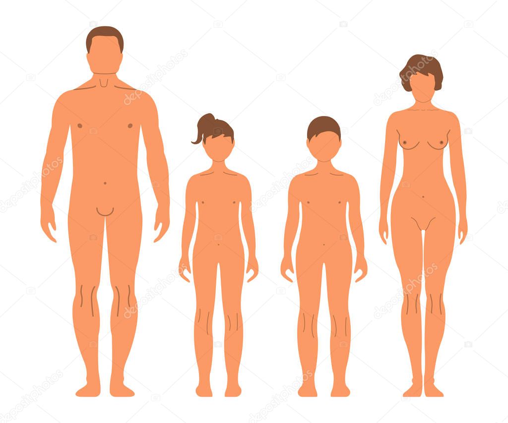 Man, woman, boy and girl. Human front side Silhouette. Isolated on White Background. Vector illustration