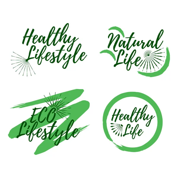 Conjunto de rótulo Eco e Natural Life. Distintivos de estilo de vida saudável. Ícone de ilustração vetorial com Sunburst —  Vetores de Stock