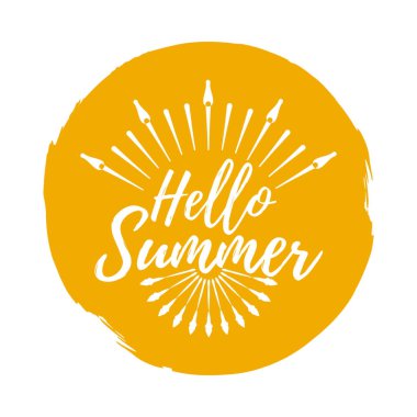 Yaz etiket Merhaba. Yazı tipi fırça ile. Yaz ve plaj rozetleri. Vektör çizim simgesini Sunburst