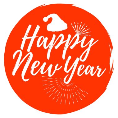 Happy New Year ve Noel etiket. Yazı tipi fırça ile. Xmas rozetleri. Vektör çizim simgesini Sunburst