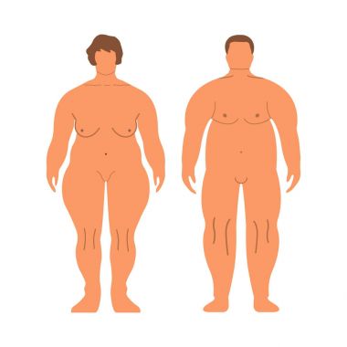 Şişman Avrupa Kadınlar ve erkekler. Karikatür tarzı. İnsan ön yüzü siluet. Beyaz arka plan üzerinde izole. Vektör çizim
