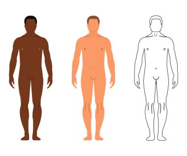 Afrika ve Avrupa Erkekler. Çizgi film, anahat stili. İnsan ön yüzü siluet. Beyaz arka plan üzerinde izole. Vektör çizim