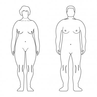 Şişman kadınlar Avrupa ve adam anahat tarzı. İnsan ön yüzü siluet. Beyaz arka plan üzerinde izole. Vektör çizim