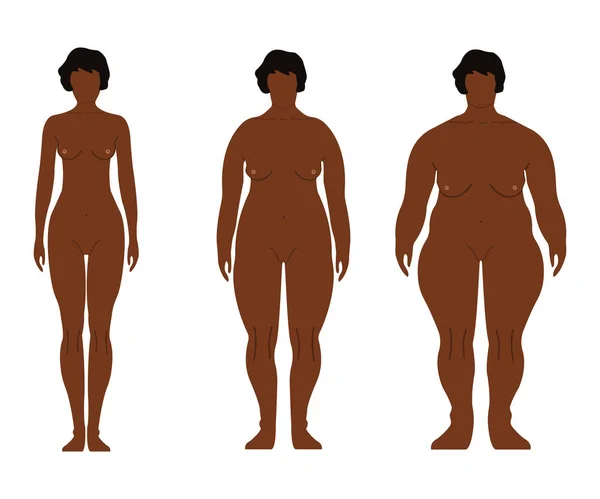 Fat African Women. Cartoon, Outline style. Human front side Silhouette. Isolated on White Background. Vector illustration — Stock Vector