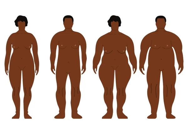 Fat African Men and Women. Cartoon, Outline style. Human front side Silhouette. Isolated on White Background. Vector illustration — Stock Vector