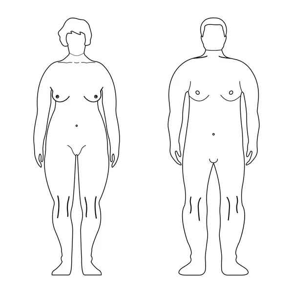 Mulheres e homens europeus gordos. Estilo esboço. Lado dianteiro humano Silhueta. Isolado no fundo branco. Ilustração vetorial — Vetor de Stock