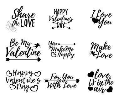 Aşk etiket kümesi. Yazı tipi fırça ile. Sevgililer günü rozetleri. Vektör çizim simgesi