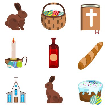 Paskalya simge kümesi. Beyaz arka plan üzerinde Paskalya etiket. Karikatür tarzı. Vektör çizim