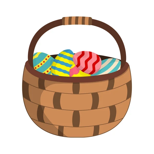 Basket with Easter eggs icon. Easter egg label on white Background. Cartoon style. Vector Illustration — Stock Vector